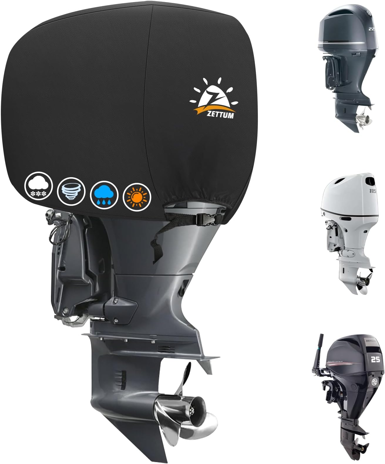 Outboard Motor Cover, 600D Boat Motor Cover Waterproof & Heavy Duty, Fade-Resistant Boat Engine Cover - Fit for Motor 115-225 HP, Black