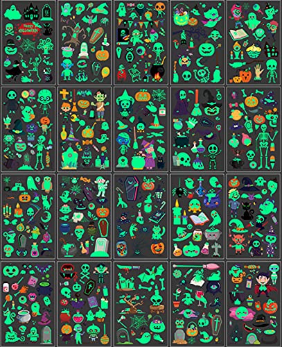 Temporary Tattoo, 400PCS Luminous Halloween Waterproof Body Stickers, Face Fake Tattoos Decorations Glow in the Dark, Halloween Makeup Party Favors Supplies Decor Pumpkin Witch Monster for Kid Adult