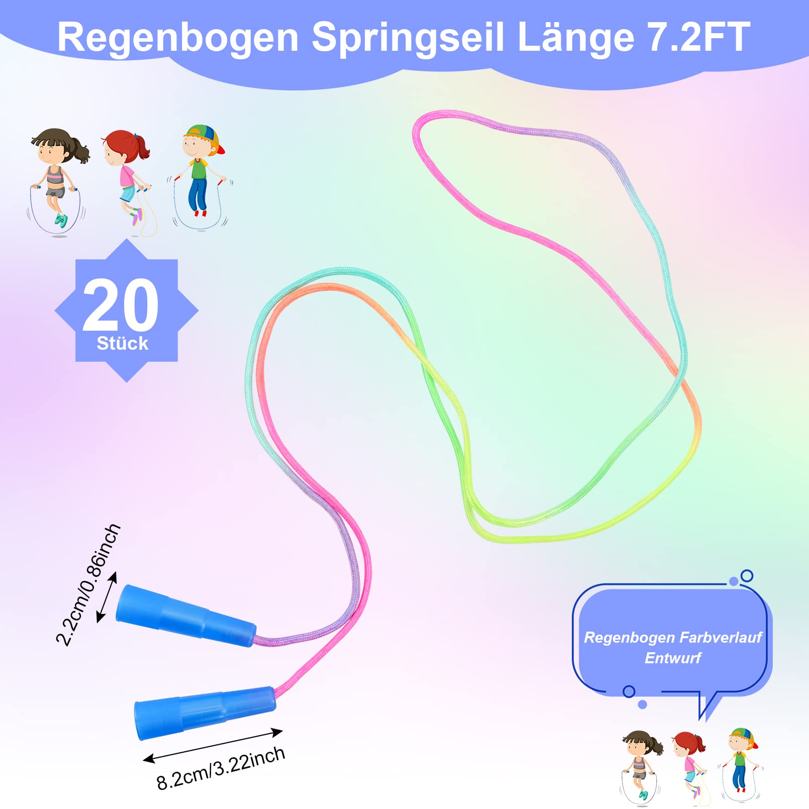 Corda per saltare per bambini, 20 pezzi, corda per saltare regolabile, 220 cm, corda di cotone Jump Rope per bambini, scuola, attività all'aperto