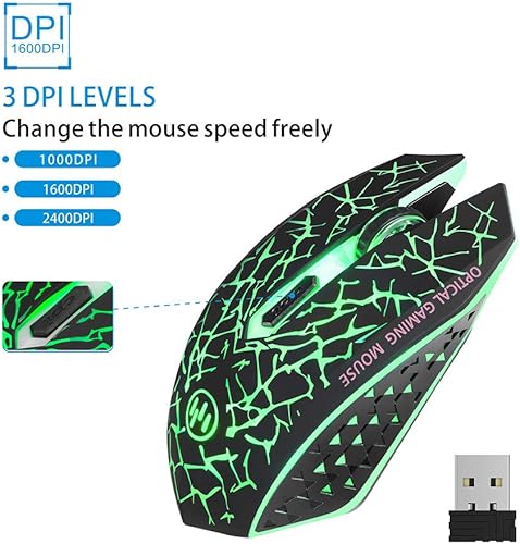 Miniatura 6 de TENMOS K6 - Mouse inalámbrico para juegos mouse óptico LED silencioso recargable con receptor USB 3 niveles de DPI ajustables y 6 botones compatible