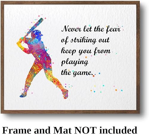 Miniatura 3 de Dignovel Studios Práctica de béisbol sin marco de 8 x 10 pulgadas, nunca dejes que el miedo de atacar citas en acuarela, arte de pared inspirador