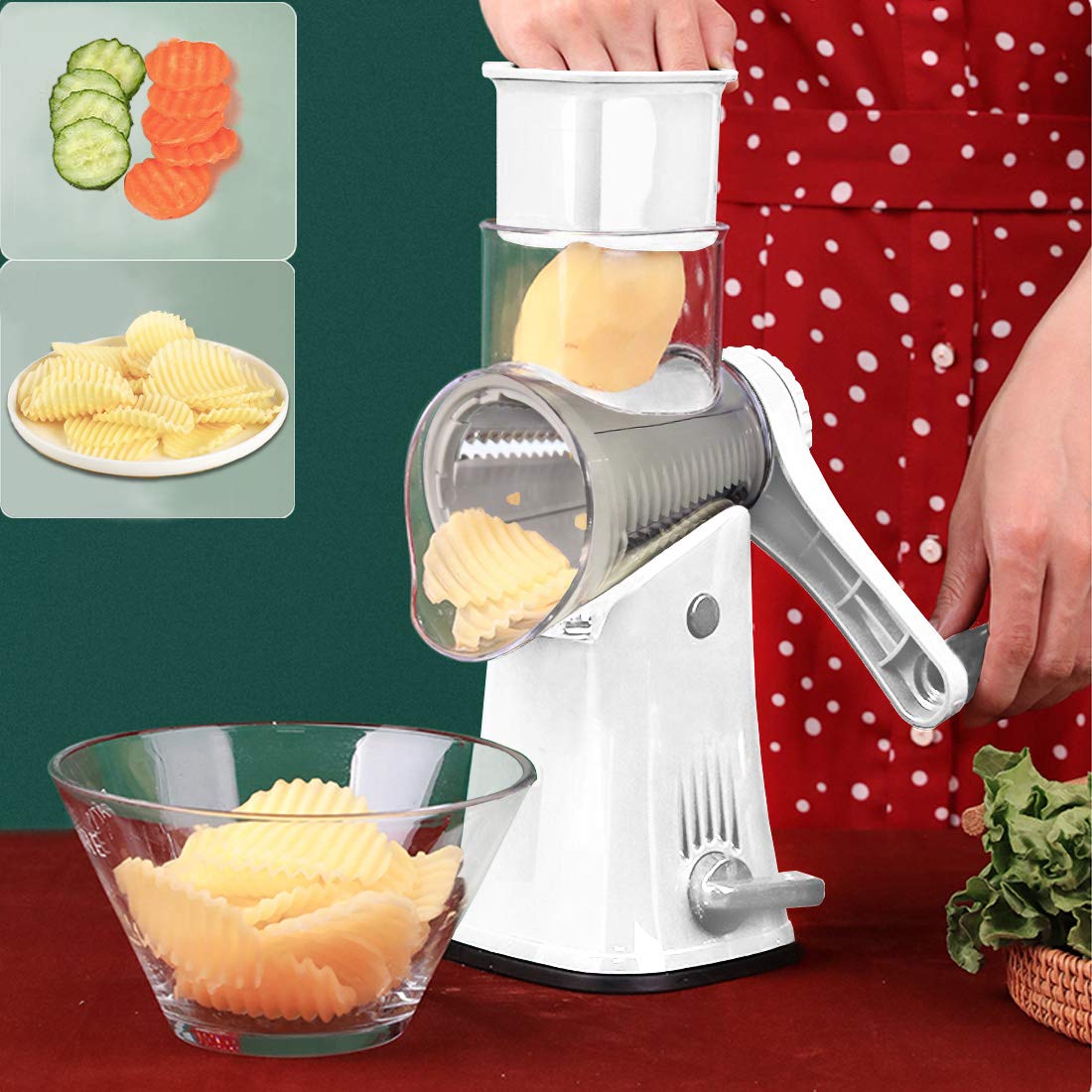 Râpe à fromage rotative 5 en 1 avec boîte culbutante, mandoline, coupe-légumes en julienne, coupe-gaufres, hachoir à noix, poignée et base à ventouse puissante