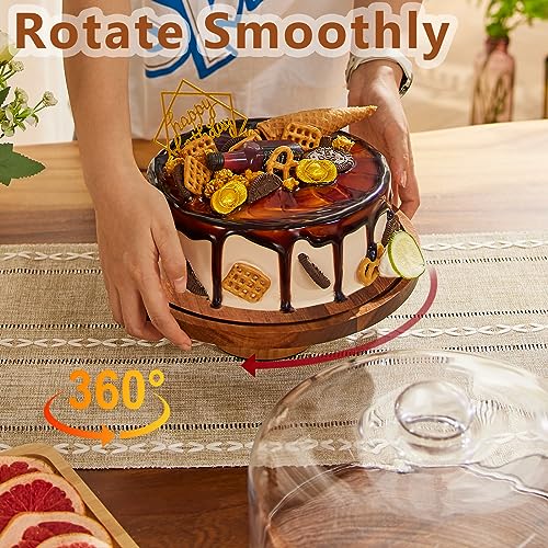 Yangbaga Glass Cake Stand with Lid,11in Wooden Rotating Cake Stand with Dome Cover, Cake Plate Display Server Tray for Birthday Kitchen Party - Image 6