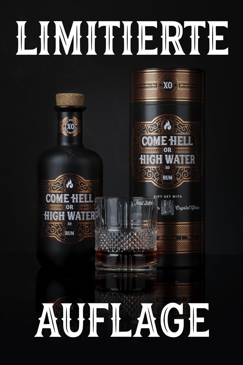 Come Hell or High Water XO Rum – 15 Jahre alter Premium Dark Rum im Geschenkset inklusive Kristallglas – 70 cl, 40% Vol. – Pur oder „On the Rocks“ genießen – Premium-Alkohol für anspruchsvolle Genieß