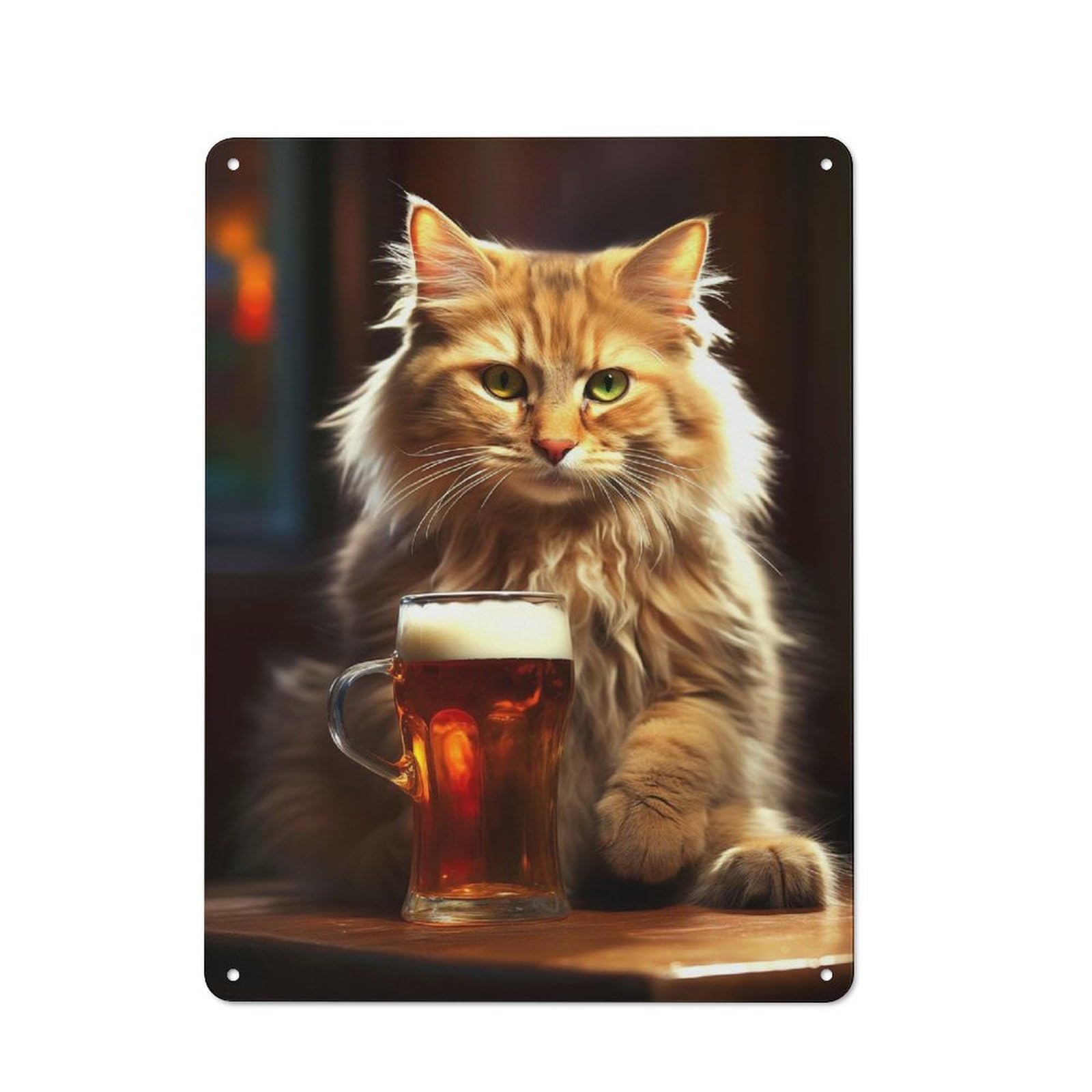 Metal Sign 40x30cm with Cat Drinks Beer for Hallway Wall, Rustic Decor, for Wall Display Collectors