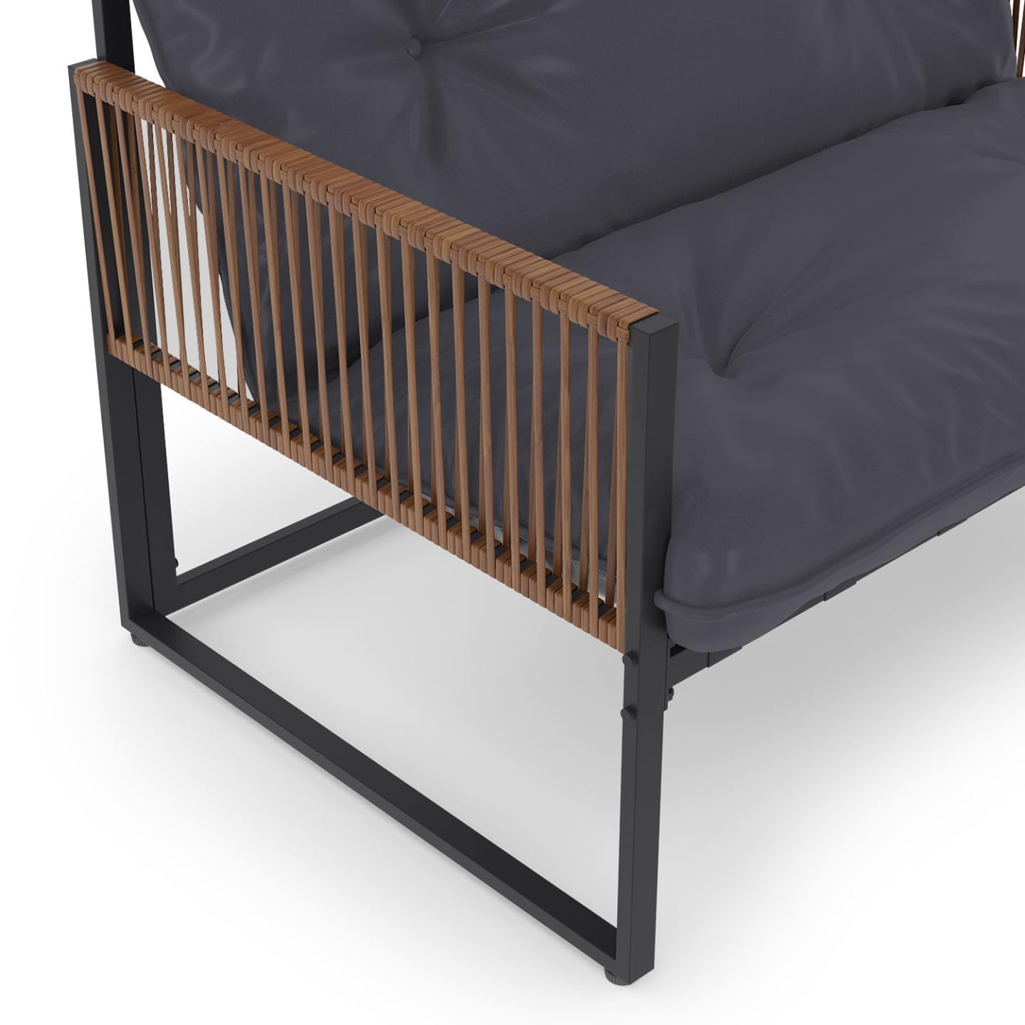 IDMarket - Salon de Jardin Bas Rio 4 Places Structure métal Gris Anthracite, Cordage rotin et Coussins Gris
