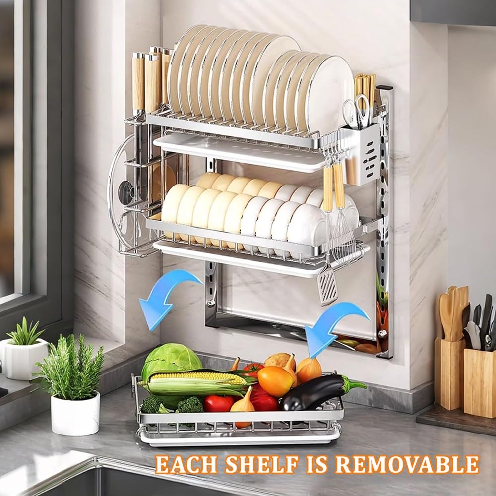 Égouttoir à vaisselle mural pliable avec plateau amovible Cuisine en acier inoxydable pour assiettes, verres, tasses et bols. Montage facile et peu encombrant pour les cuisines modernes