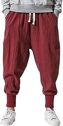 Mens Linen Harem Pants Lightweight Drawstring Elastic Waist Baggy Joggers Casual Cargo Sweatpants Pant Red