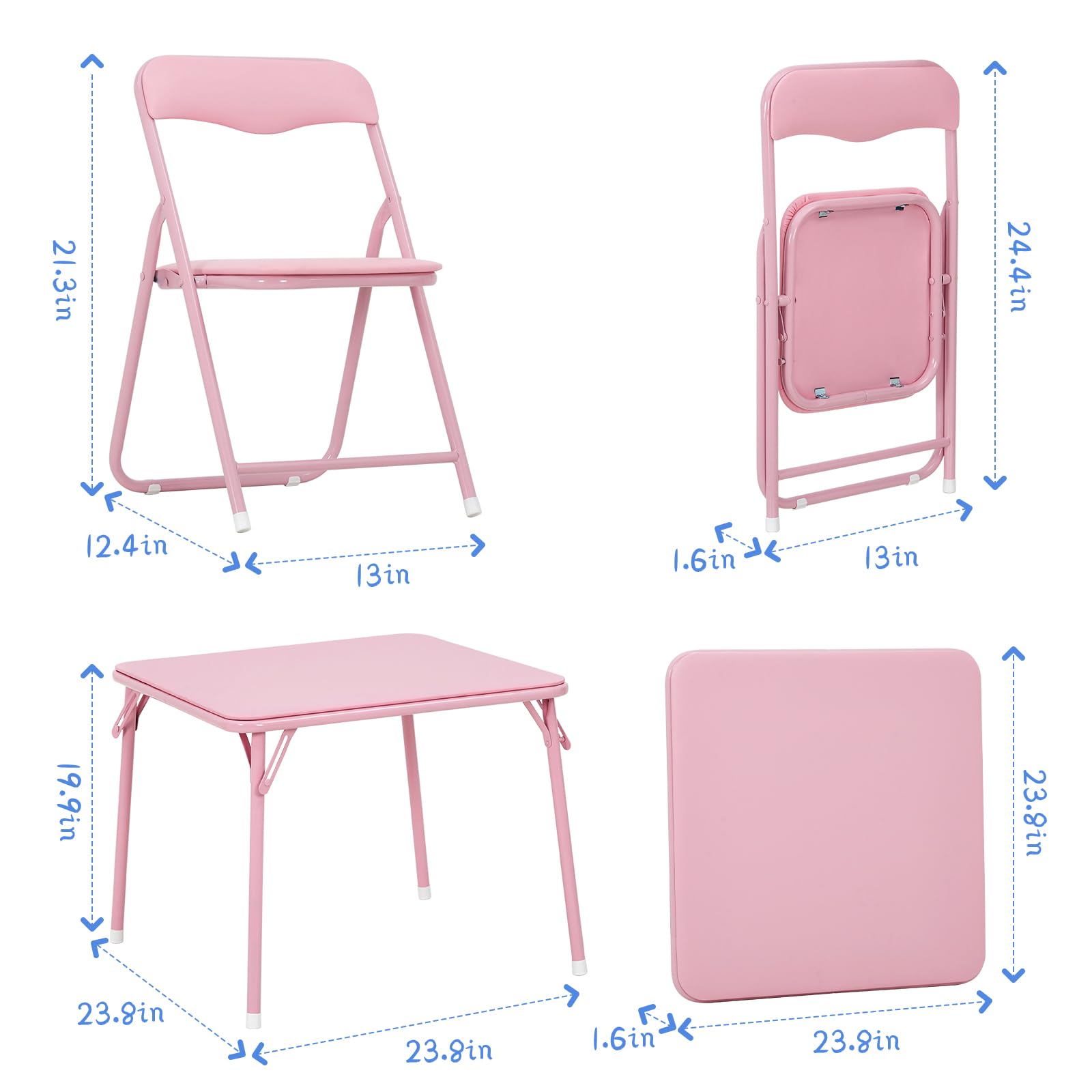 Zstar Conjunto de Mesa y Sillas Plegables para Niños, Mesa Infantil | con 4 Sillas Acolchadas de PU Marco de Acero Resistente, Ahorra Espacio, para Comedor, Sala de Juegos y Dormitorio, Rosa