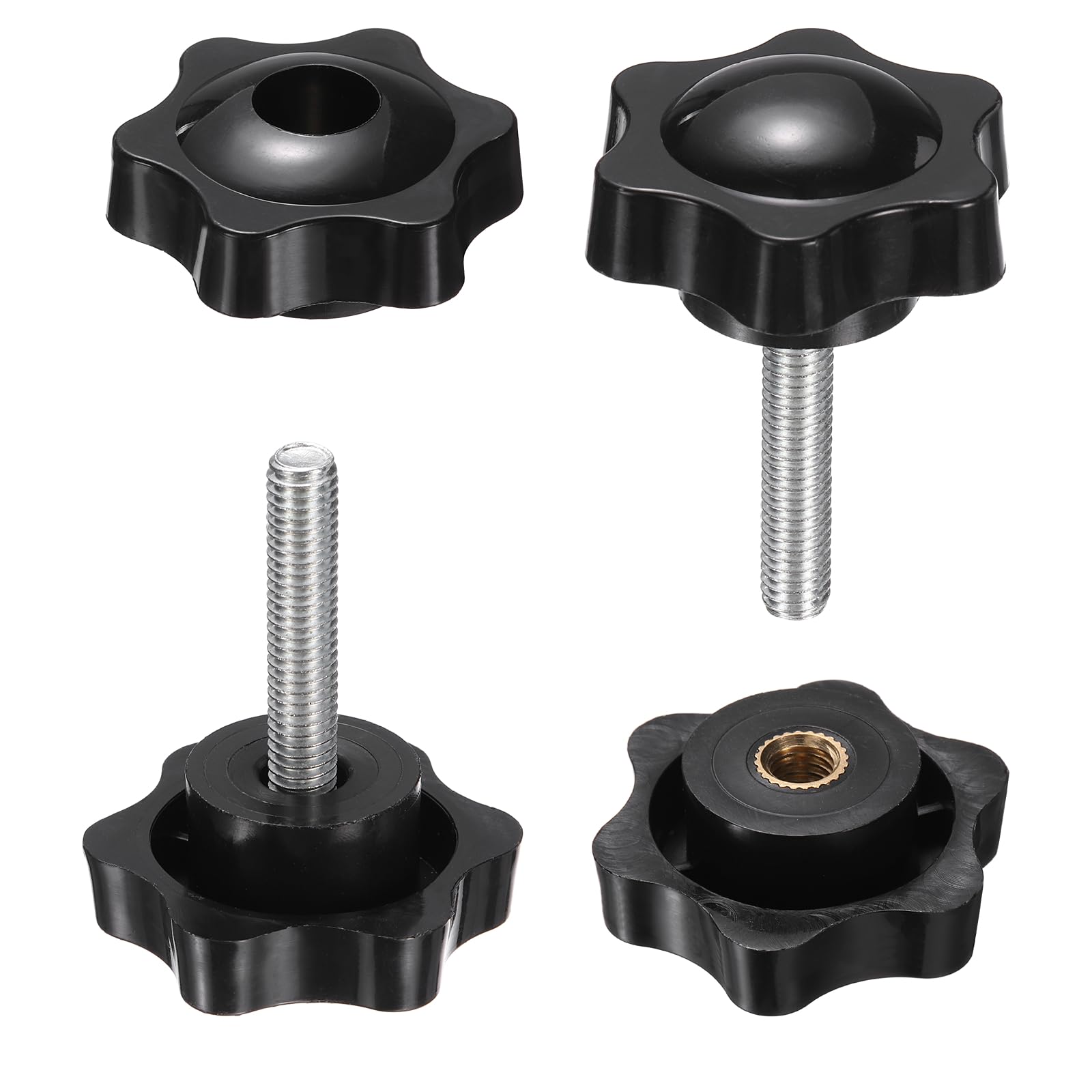 sourcing map 2 Set Star Knobs M6 x 35mm Male + M6 Female Thread 38mm Head Metric 6-Star Threaded Stud Clamping Handles Screw in Through Hole Hand Jig Knob Thumb Screws, Black
