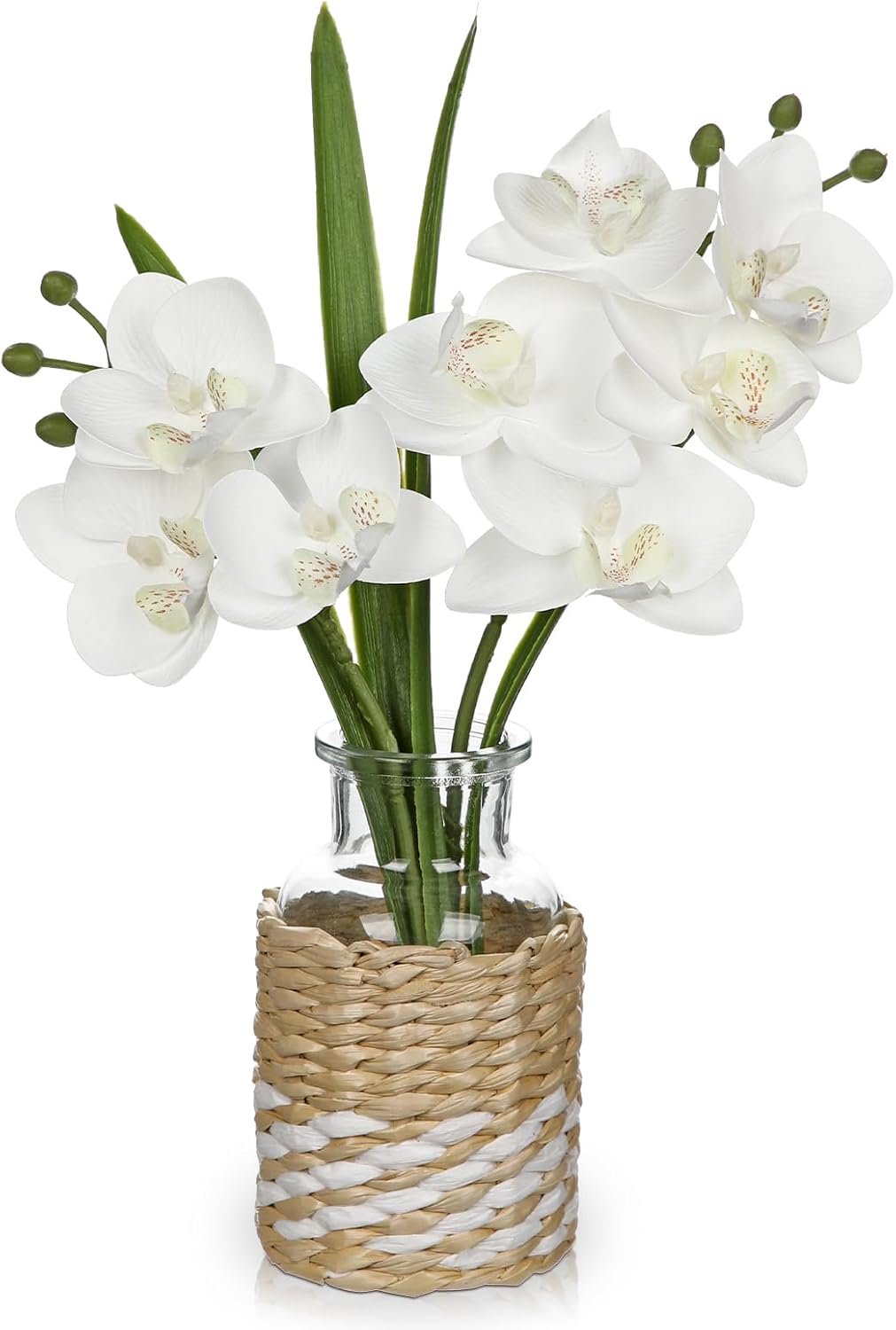 Oairse White Orchids Artificial Flowers with Vase, Small Faux Orchid Arrangement Fake Flower in Woven Glass Vase Small White Centerpieces for Kitchen Dining Room Tables Bathroom Nightstand Decor