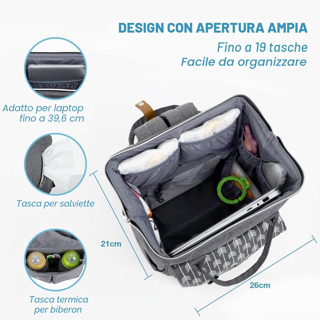 Lekebaby Zaino Mamma Multifunzione Impermeabile Fasciatoio Neonato Grande Capacità Spazioso Ganci Passeggino Tasche Isolanti