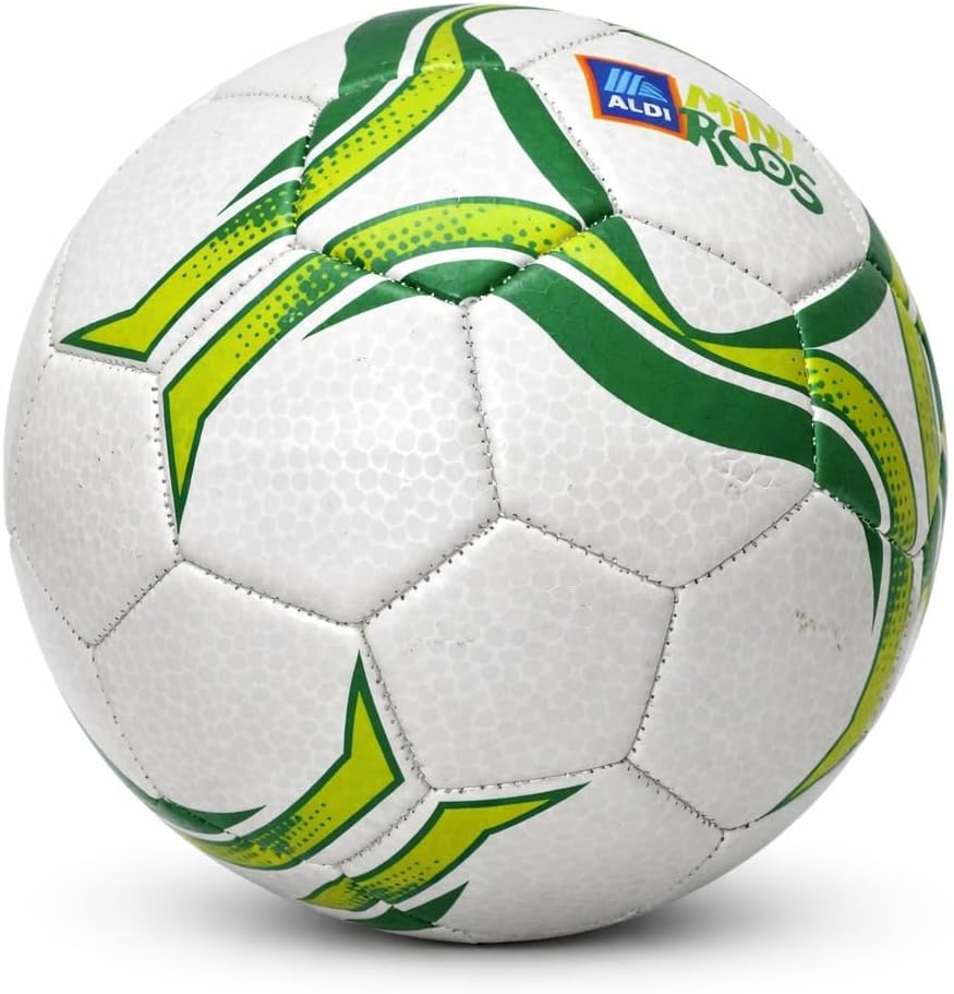 ALDI MiniRoos Size 5 Football, White Green Yellow, PVC Material, Machine Stitched, Training and Recreational Use