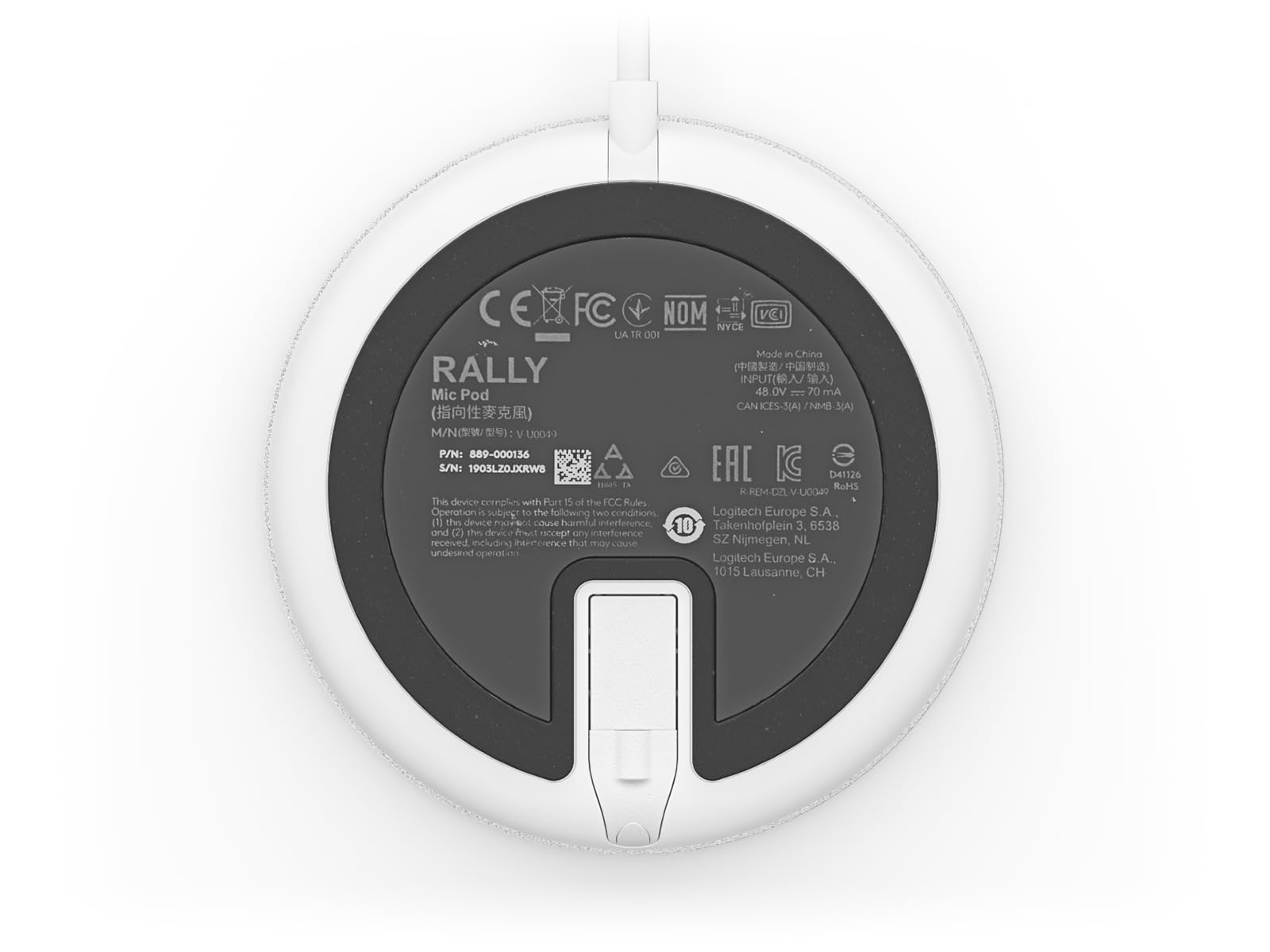 Logitech Rally Mic Pod – Quatre microphones omnidirectionnels de formation de faisceau, filtre AI, détecteur d'activité vocale, annulation d'écho acoustique, chaînable, câble de 2,95 m, blanc (952