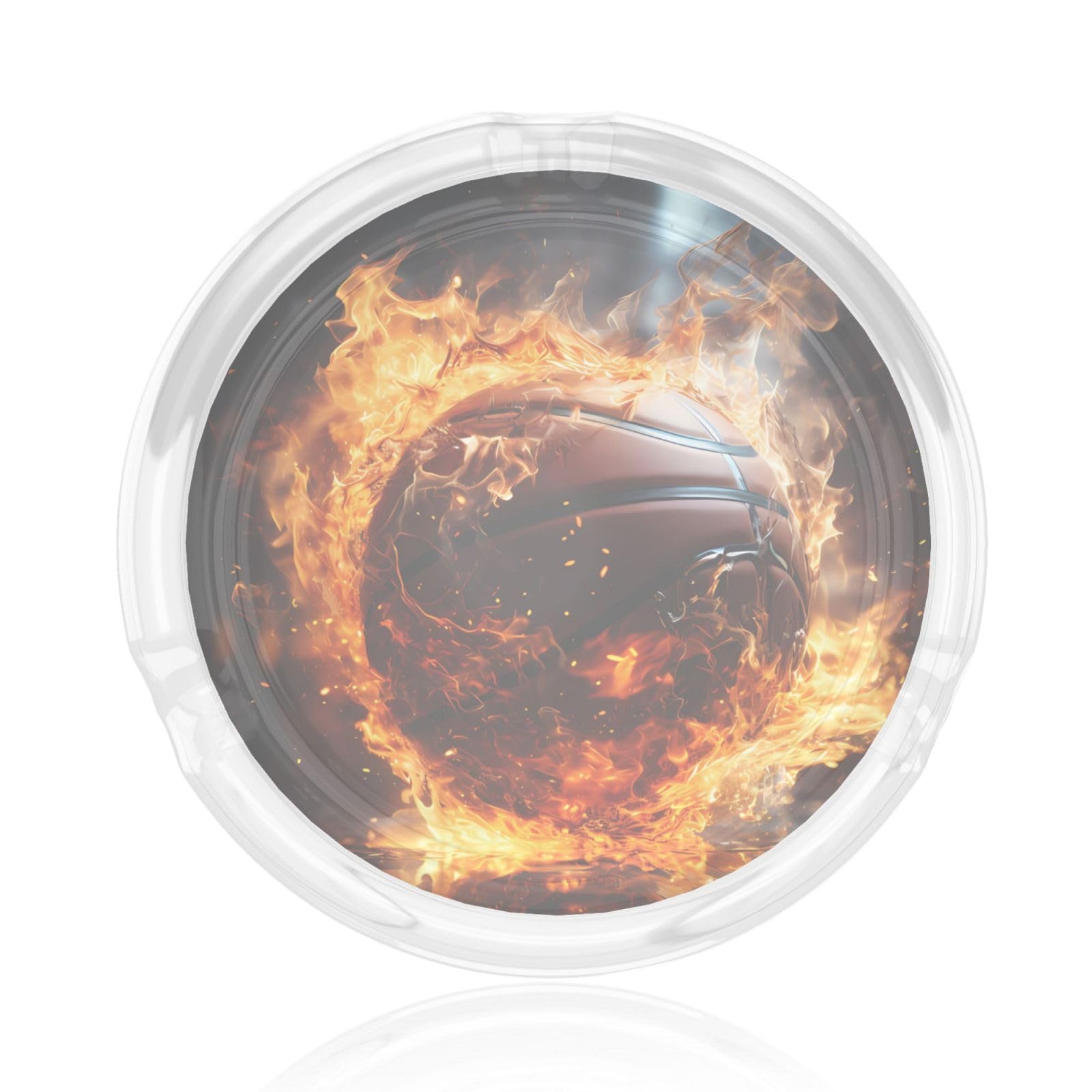Basketball on Fire and Water Flame Splashing Glass ashtray with smooth edges and recessed mouthpiece design, washable.