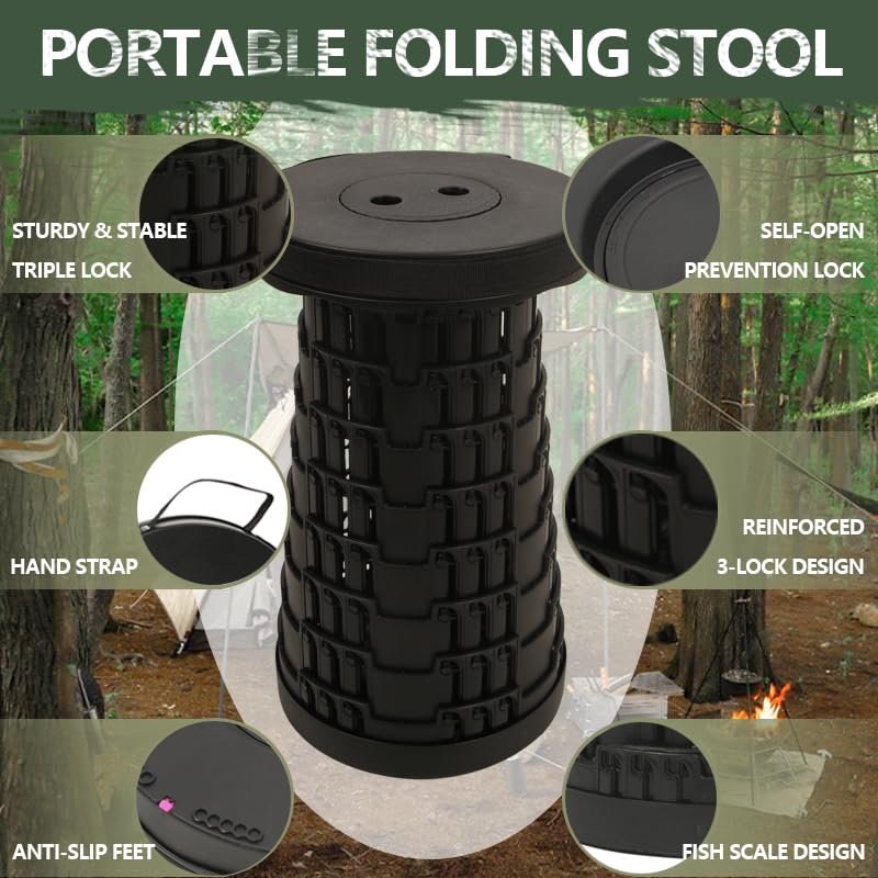 Image of JAEMEYEM Upgraded Collapsible Stool Chair, Folding Stool, Lightweight, Sturdy, Adjustable, Portable, Foldable Seat Stools for Outdoor Camping Fishing Hiking BBQ