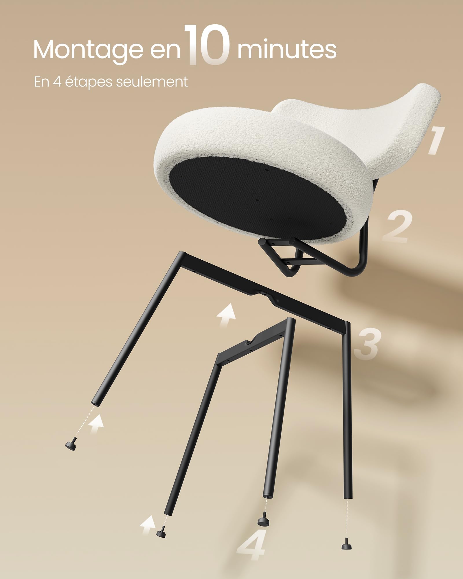 VASAGLE Chaises Salle à Manger, Lot de 6, Tissu Peluche, Dossier Courbé, Chaises de Cuisine, Rembourrées, Cader en Acier, Modernes, Salon, Coiffeuse, Blanc Crème KDC110W16