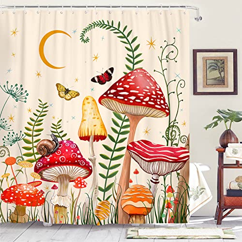 Zussun Mushroom Shower Curtain Set Beige And Red Floral Butterfly Waterproof Fabric Bathroom Shower Curtains Aesthetic Moon Flower Plant Bath Curtain Decor With Hooks (Beige, 72'' × 72'') #TOP5