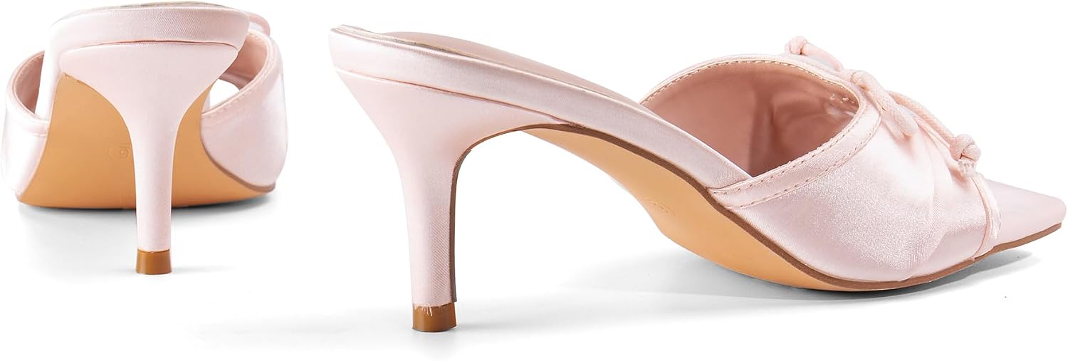 Open Toe Kitten Heels Bow Sandals Slip On Almond Toe Cutout Elegant Mule Sandals for Wedding Party Summer Shoes