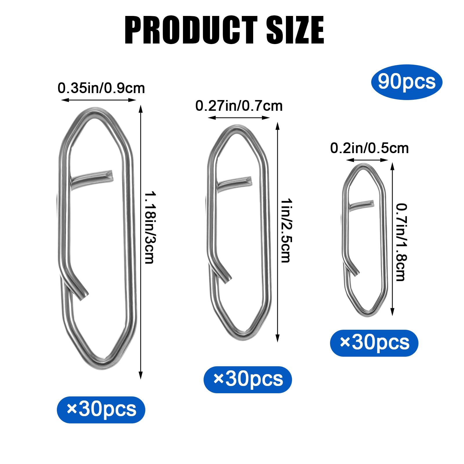 Xinjoduz 90 PCS Fishing Lure Quick Clips 3 Size Fishing Speed Clips Topwater Fish Power Speed Clip High Strength Stainless Steel Clip Fish Snap Connector for Lures Saltwater Freshwater