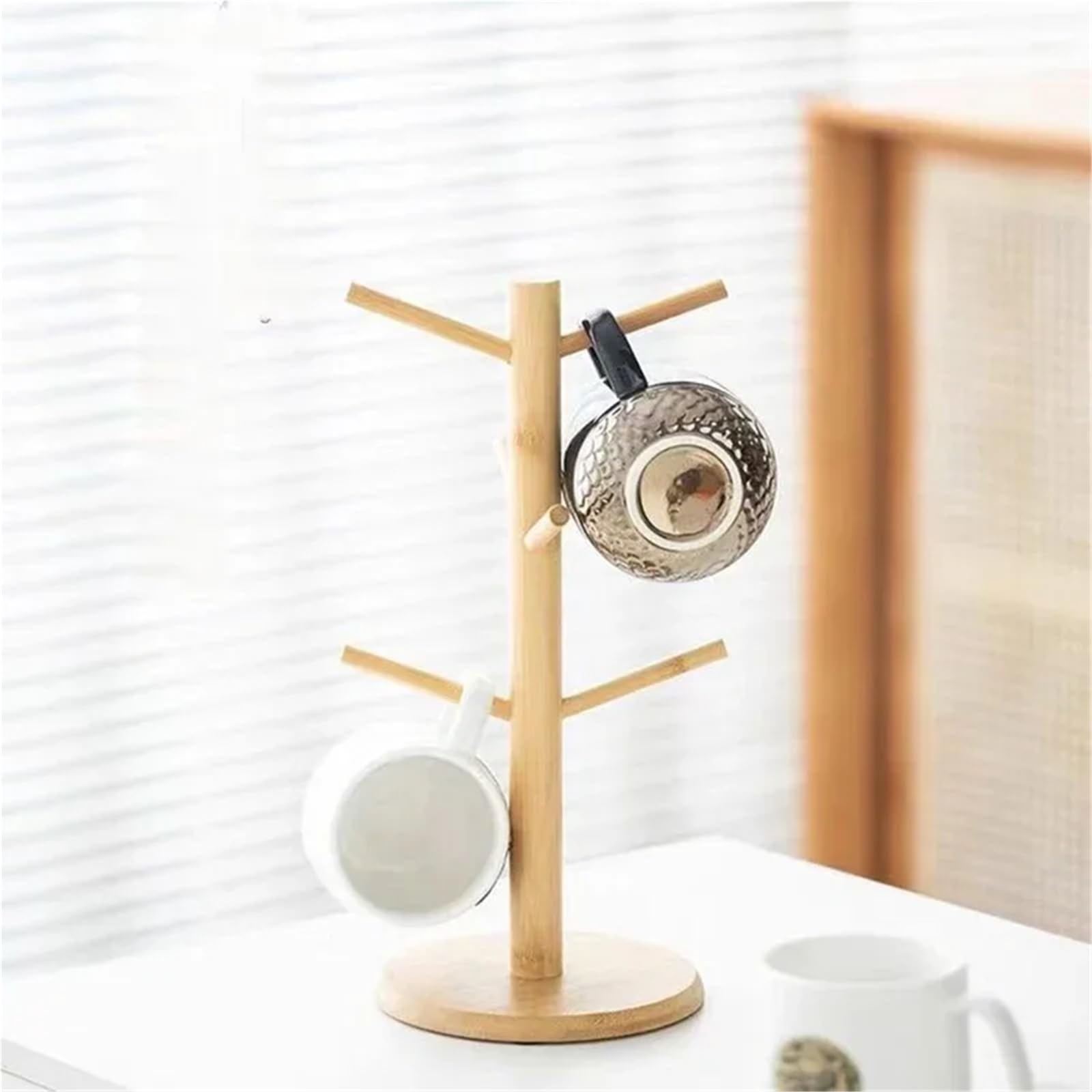 Becherhalter Baum Becher-Hängeregal, Getränkeregal mit 6 Haken, Baumform, Holz, Kaffee-/Teetassen-Aufbewahrungshalter, Ständer(Black)