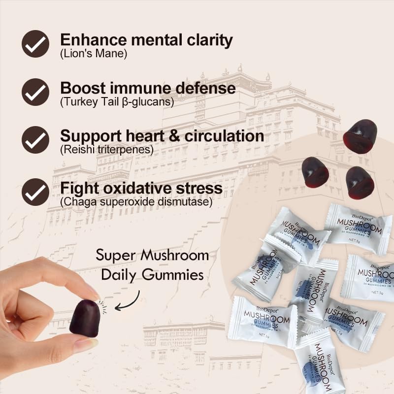 Super Mega Mushroom Gummies 24 in 1 Daily Mushroom Supplement Support for Memory, Focus & Energy, Host Immune Defense with Lions Mane, Reishi, Chaga, Turkey Tail, Citrus Flavor, 120 Gummie