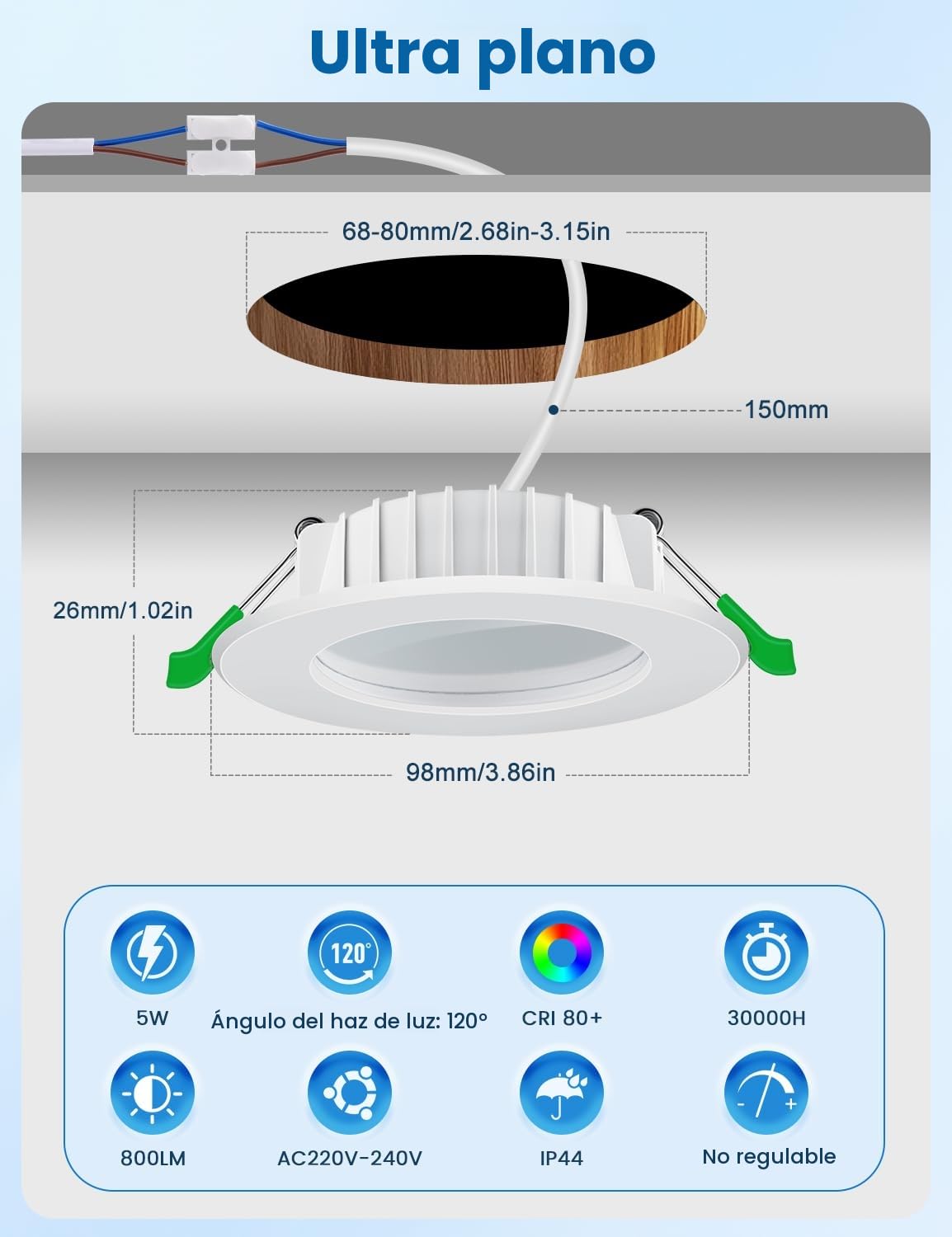 6 Pack 5W Downlight LED Techo Empotrable 4000K Clase B, 800 lúmenes Focos LED Empotrables Techo Blanco Neutro Extra Planos 230V IP44 Ojos de Buey Led para Techo Baño, Corte Ø68-80mm, No Regulable