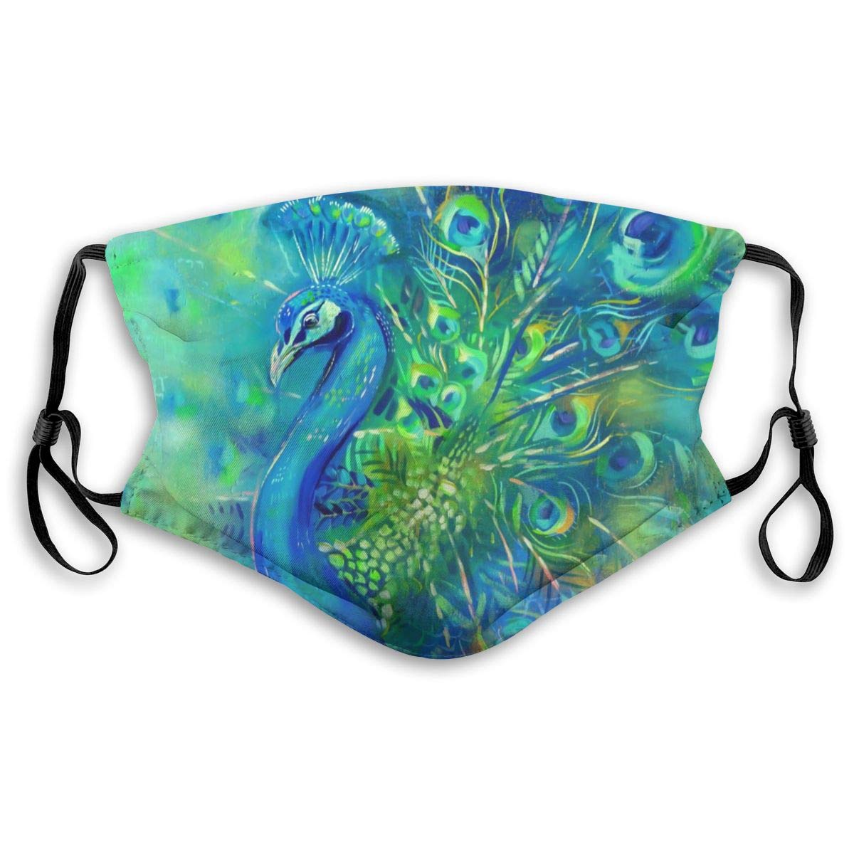 PAUFOGA 3D Mouth Mask with Replaceable Filters Activated Carbon Mask for Party Fishing, Camping Washable Breathable Windproof Dust Mask, Colorful Blue Feather Peacock Bird