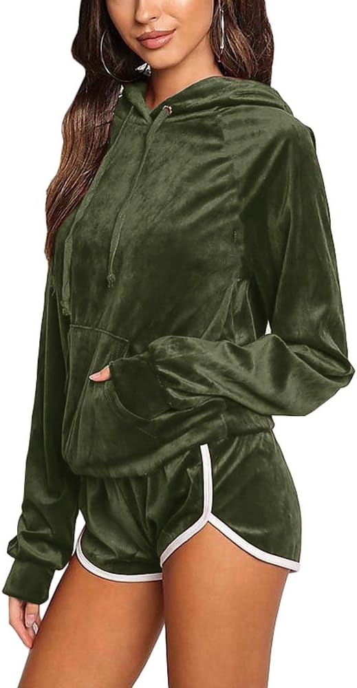 Noih Womens Velvet Hoodie and Shorts Set Tracksuit With Pocket