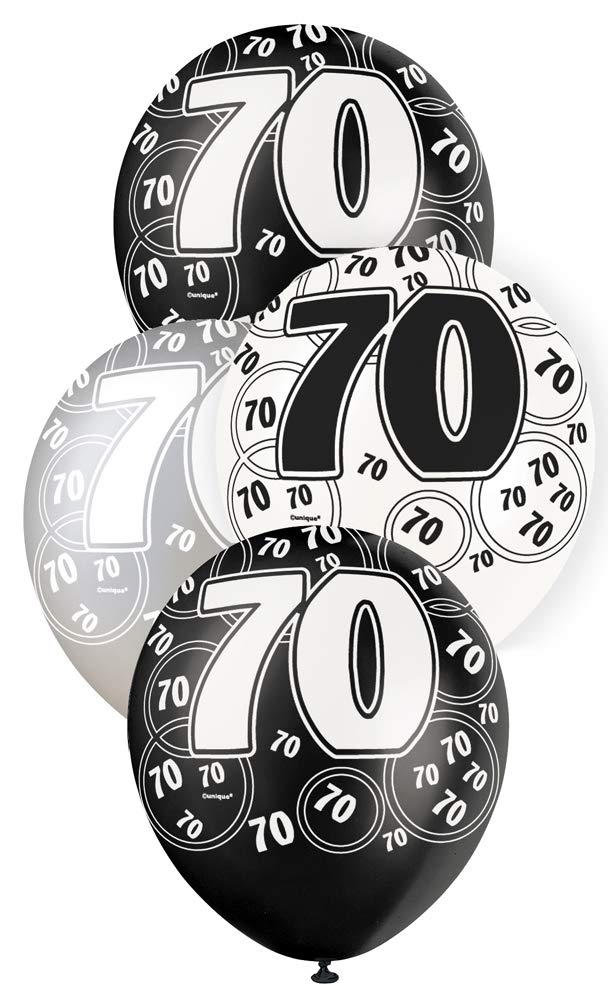 Unique Party 80899 - 12" Latex Glitz Black and Silver 70th Birthday Balloons, Pack of 6