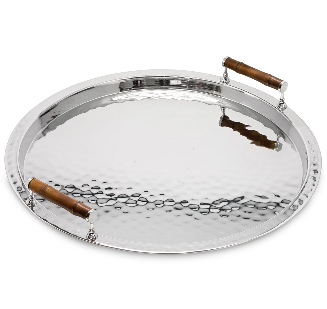 EDZARD Bandeja Hugo de Acero Inoxidable con Asas de bambú, Redondo, diámetro 55 cm