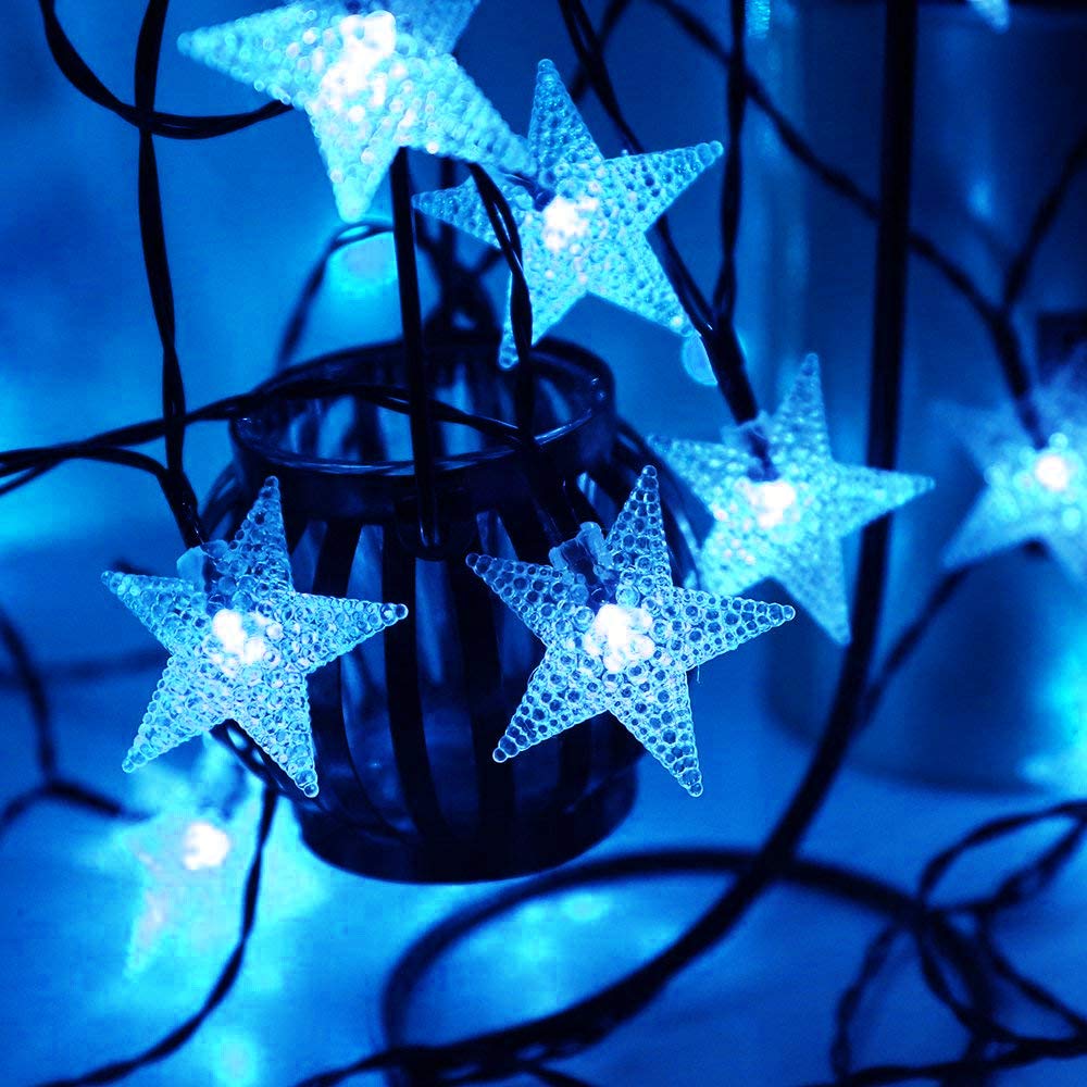 Guirnalda de luces de estrella, 5 m, 50 LED, para interiores, guirnalda de luces parpadeantes con batería (azul)