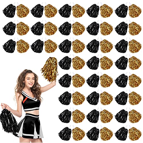 60 Pcs Cheerleading Pom Poms Cheer Pompoms Metallic Foil Pompoms with Plastic Handles for Cheering Squad Team Spirited Sports Dance(Gold, Black)