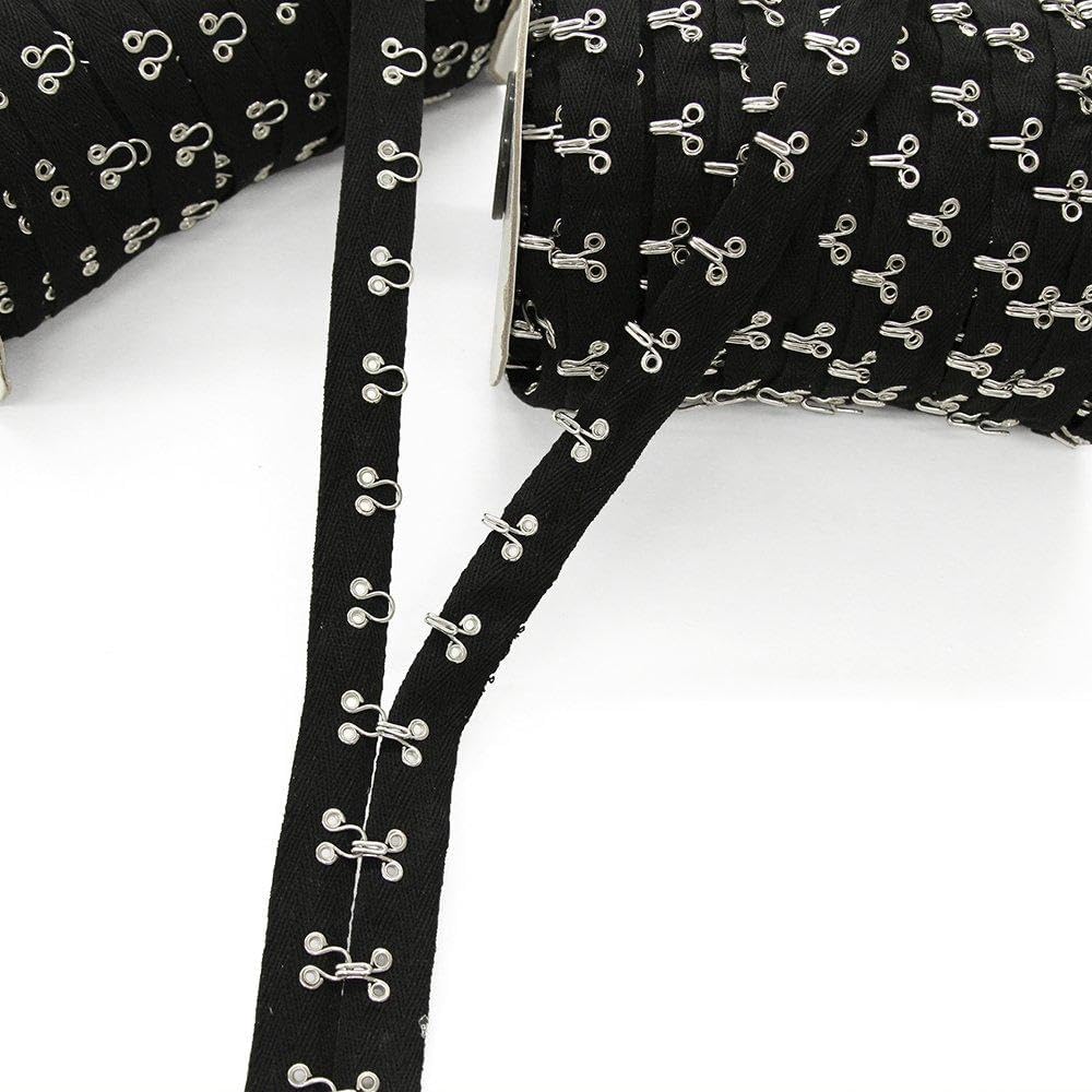 Riveted Black Cotton Hook & Eye Tape with Silver Hooks, Sold by the Yard