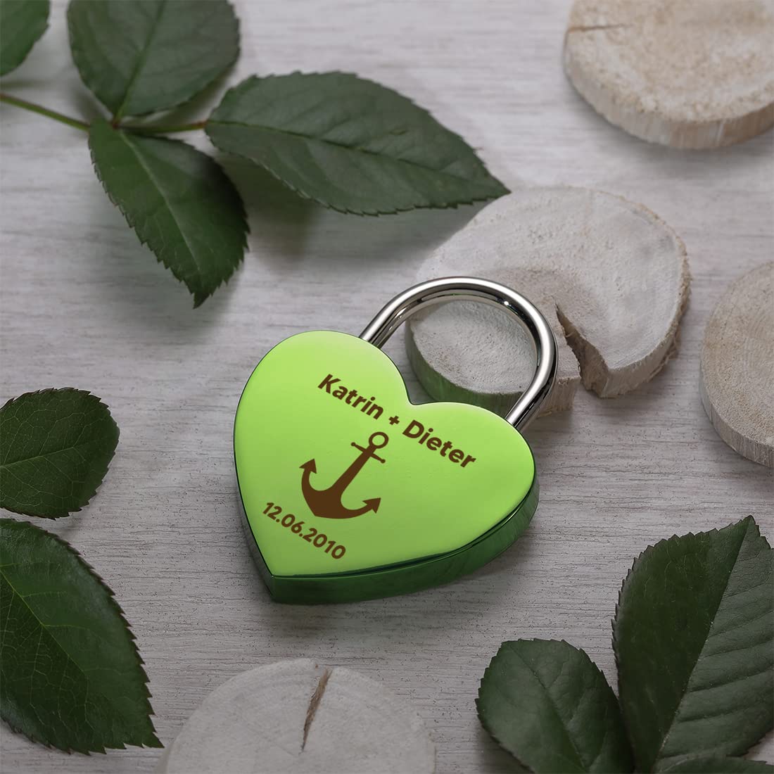 Liebeschloss - Lucchetto a forma di cuore, blu con incisione personalizzata, motivo ancora, lucchetto in metallo, sacchetto di stoffa, regalo per anniversario, San Valentino, per lui e per lei, amore