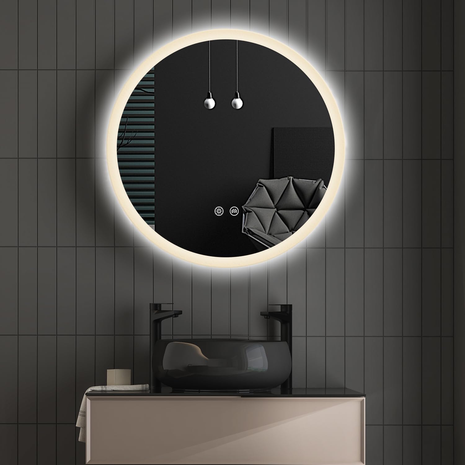 GOQELK Espejo de baño redondo con luz LED de 600 mm, espejo de baño iluminado con luz LED, espejo de tocador montado en la pared con antivaho, espejo de maquillaje circular grande antivaho, luz LED