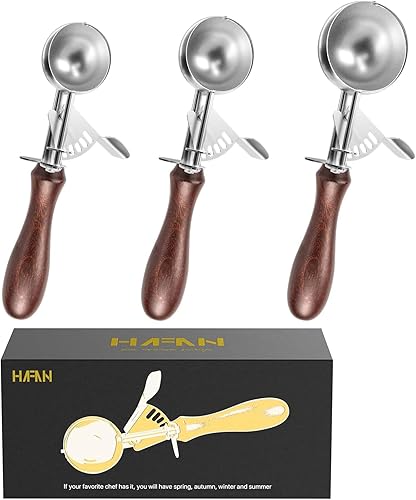Juego de 3 cucharas de helado de acero inoxidable con gatillo y mango de madera antideslizante, juego de cucharas personalizadas para helados,