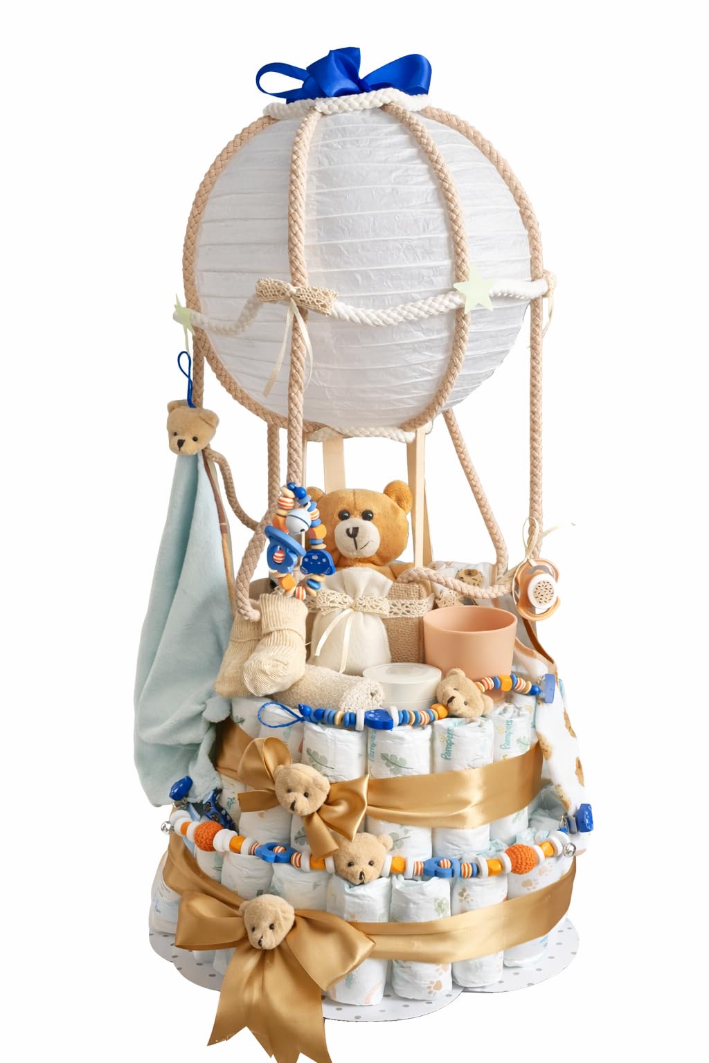 Fox & Friends Knbo Design Windeltorte Heißluftballon – Babygeschenk zur Geburt Königsblau und Naturtönen
