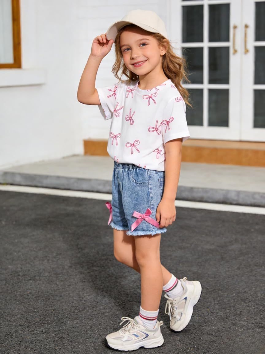 Azmxynol Kid Girls Clothes Outfits Bowknot T-Shirt + 2 In 1 Denim Short Skort Summer Clothing Set, Size 4-10 Years