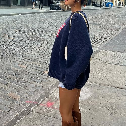 Image of Women's American Flag Sweater Vintage Star Print Long Sleeve Crew Neck Sweater Top 4th of July Knit Top
