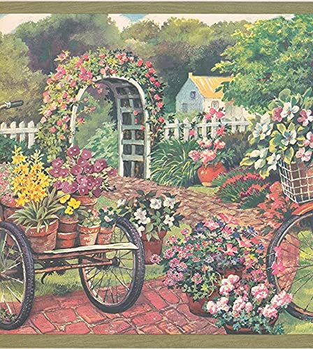 CONCORD WALLCOVERINGS–Wallpaper Border Garden Pattern Flowers Garden Plants for Living Room Cottage Kitchen Green Brown Yellow 15 ft by 10 in EG022124B