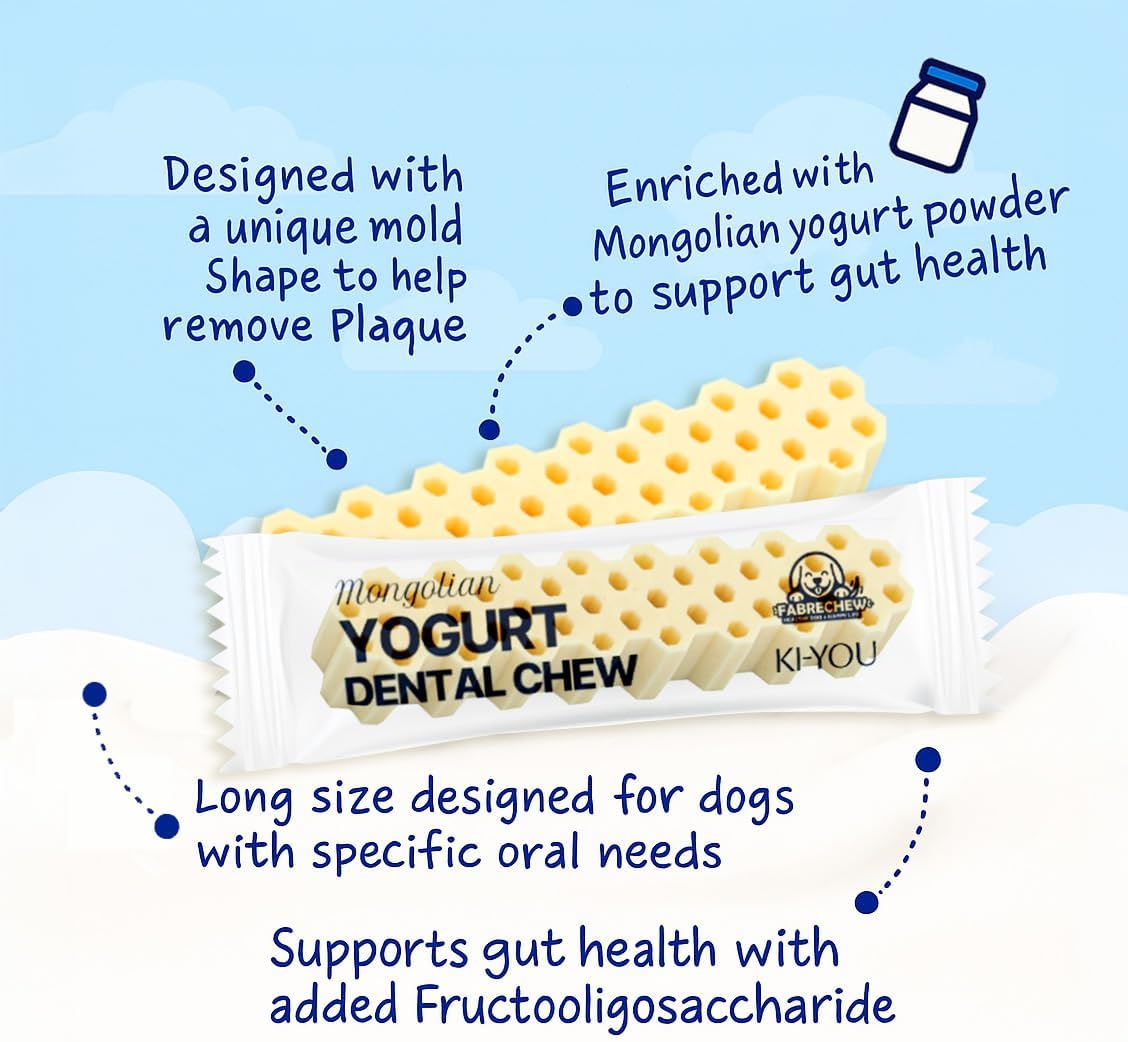 KI-You Mongolian Yogurt Dog Chew – Probiotic & Prebiotic Rich for Gut Health, Soft Honeycomb Shape, Gentle Dental Treats for Sensitive Gums (Chew - Long Type)