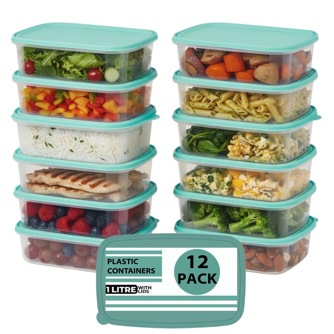 DRW 12-Pack 1L Airtight Meal Prep Containers with Green Lids – Leakproof, Microwave, Freezer & Dishwasher Safe, BPA-Free Food Storage Boxes (12)
