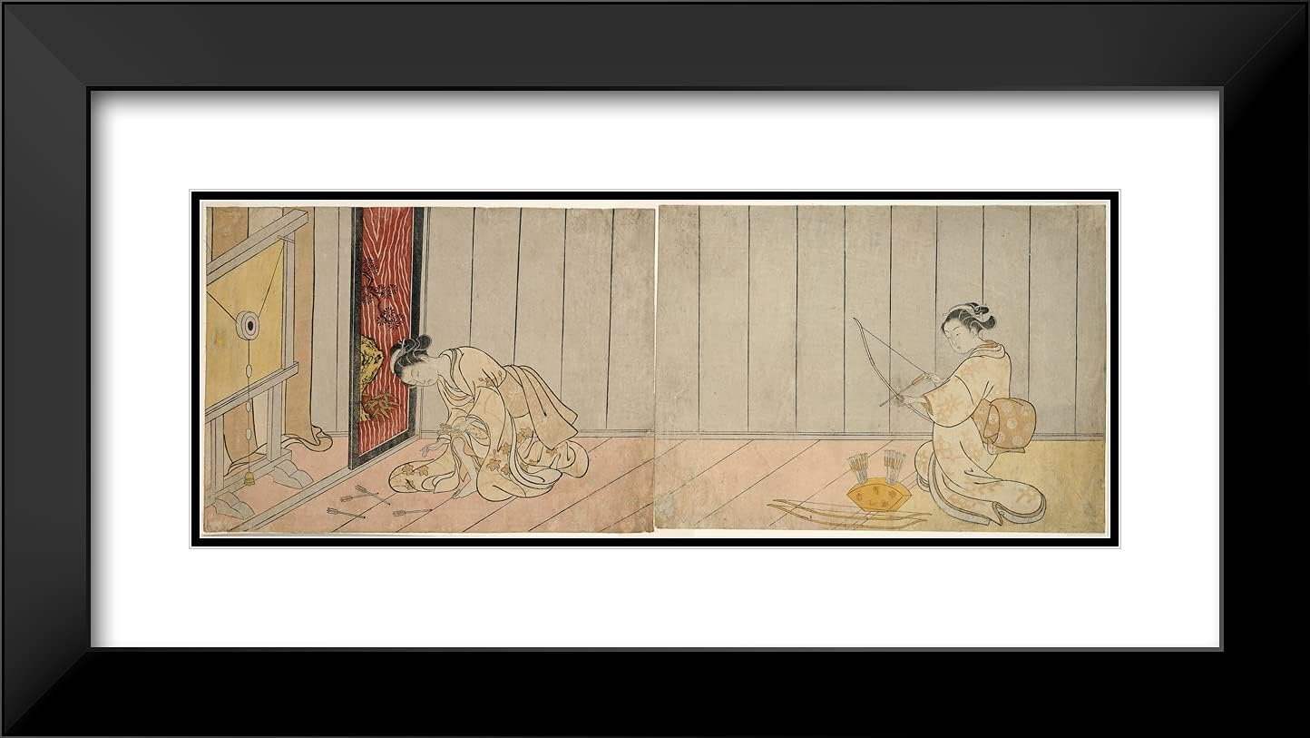 ArtDirect Suzuki Harunobu 24x14 Black Modern Framed and Double Matted Art Print Titled The Archery Gallery