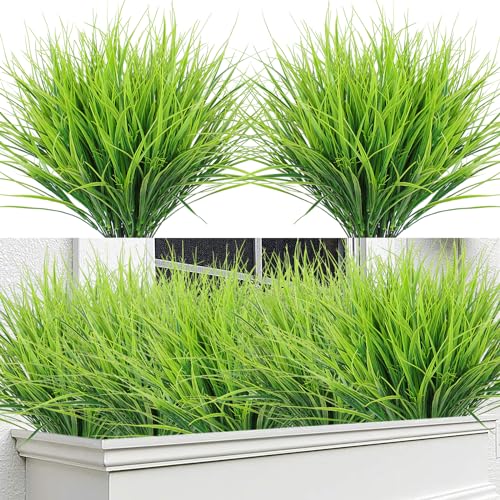 DEMIUKO 12 Bundles Artificial Plants Outdoor Grass 18in Fake Plants Wheat Grass Verdant Stems Spring Greenery UV Resistant Plastic Shrubs Indoor Plants Balcony Decor for Garden Pot Planter Window Box