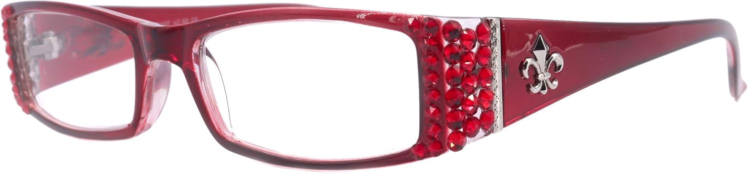The French, (Bling) Fleur De Lis, Women Reading Glasses Adorned with (Siam) Genuine European Crystals. Magnifying (Red) rectangular. NY Fifth Avenue.