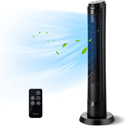 COSTWAY Ventilador de torre con control remoto, ventilador doméstico portátil de 40 pulgadas con oscilación de 80 grados, 4 velocidades, 3 modos,