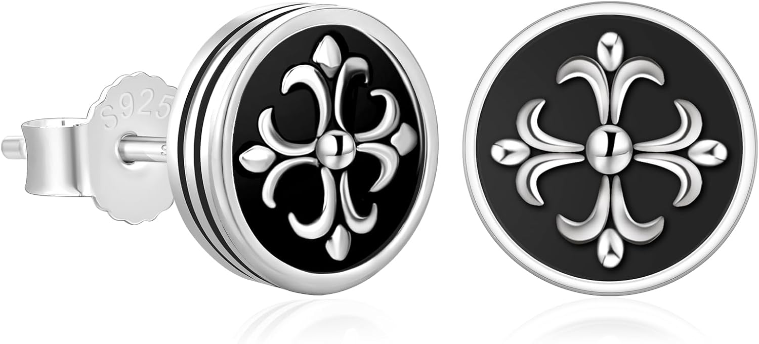 KRKC&CO Earrings for Men, Sterling Silver Stud Earrings, Hypoallergenic CZ Birthday Gift for Him, White Gold Plated and Black Smear Skull Cross Stud, Jewerly for Rapper