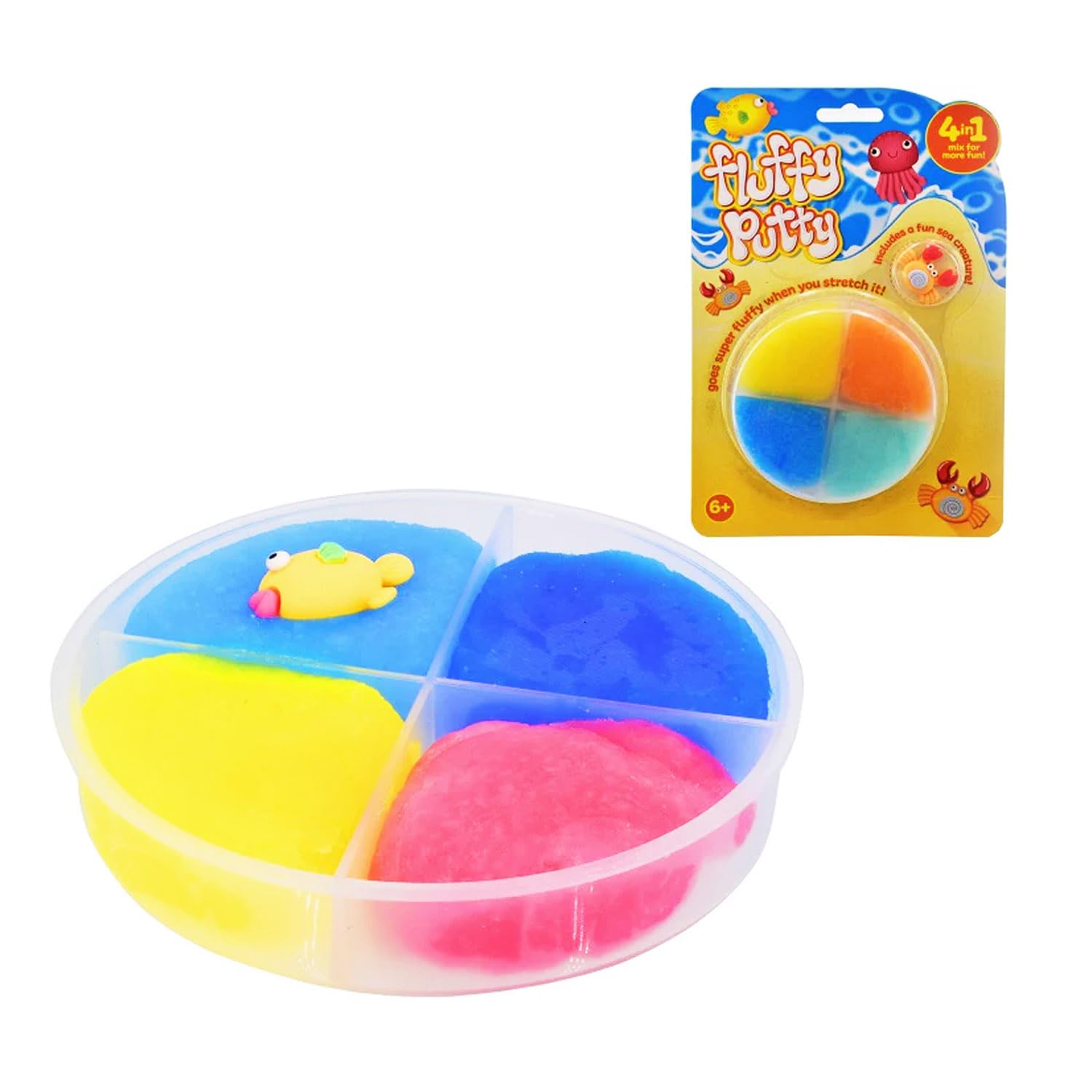 4 in 1 Fluffy Putty - Four Brightly Coloured Putty's + A Small Sea Creature, Multi-Coloured Slime, Red, Yellow and Blue Putty, Putty for Kids Toy, Soft Slime, Stress Relief Toy