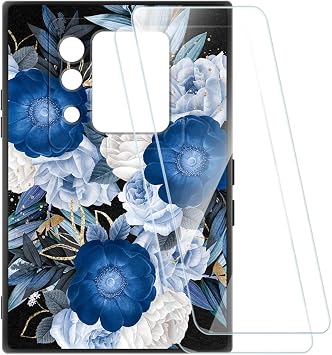 Print Case + 2 Piece Tempered Glass Film Compatible with Unihertz Titan 2, Shock Absorbing Soft Cover HD Clear Blue Flower